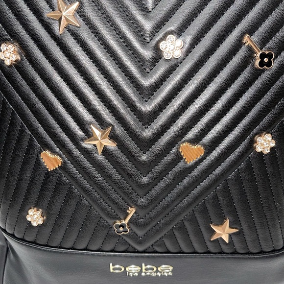 BEBE Hayden Backpack Black Gold Crystal Jeweled Embellishments Vegan Leather - Picture 11 of 14